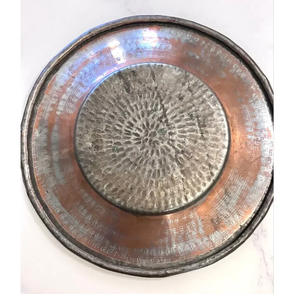 Vintage Hammered Copper Platter Large Turkish Bowl Tinned Rolled Edge 15 In